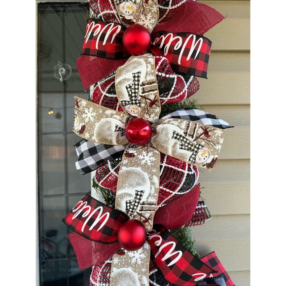 Buffalo Plaid Check Let it Snow Snowman Mesh Ribbon Christmas Wreath & Garland - Picture 5 of 10